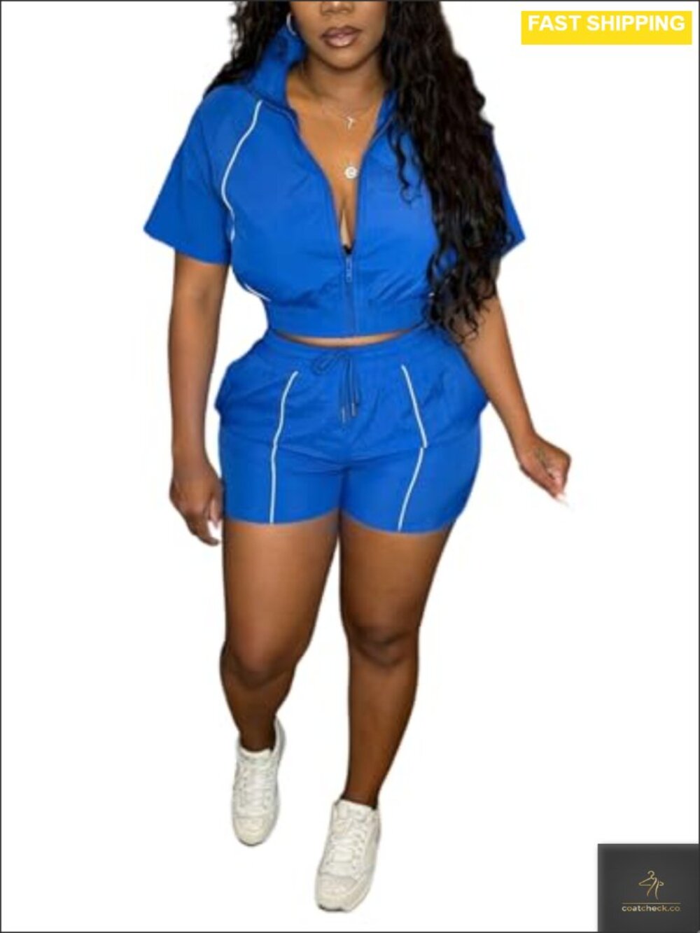 Women's 2 Piece Nylon Blend Windbreaker Tracksuit Zip Jacket & Shorts Set